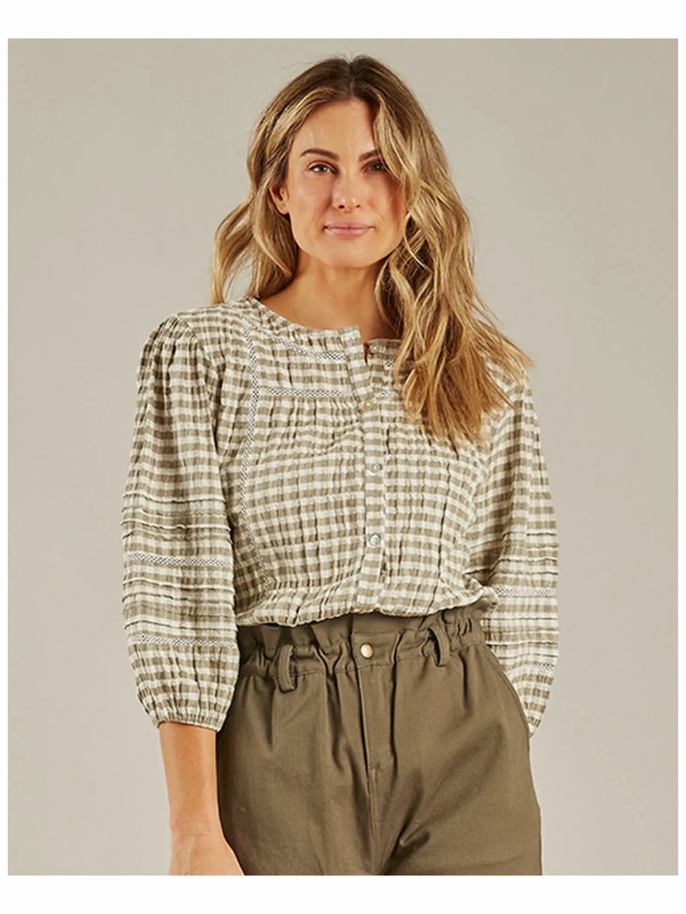 Rylee + Cru Green Gingham Blouse Large